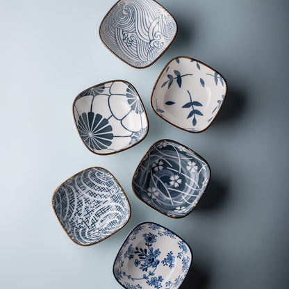 6-Piece Ceramic Bowl Set – Japanese Style Blue & White Printed Serving Bowls