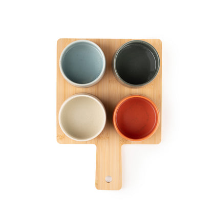 Tachiso Modern Ceramic Snack Bowl Set with Wooden Tray (4 Pcs Multicolor)