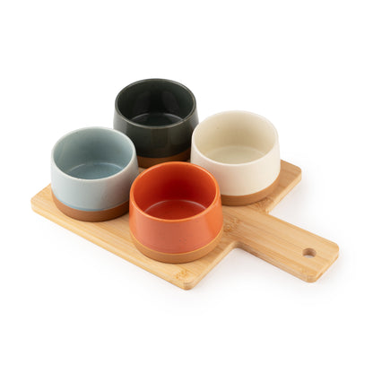 Tachiso Modern Ceramic Snack Bowl Set with Wooden Tray (4 Pcs Multicolor)