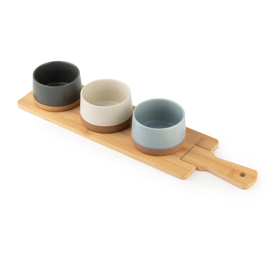 4-Piece Ceramic Bowl Set with Wooden Platter – Modern Kitchen Serveware