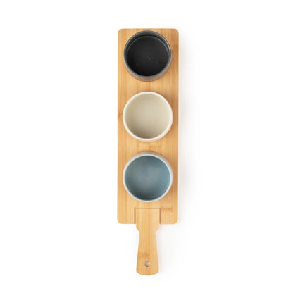 4-Piece Ceramic Bowl Set with Wooden Platter – Modern Kitchen Serveware