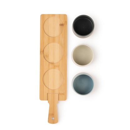 4-Piece Ceramic Bowl Set with Wooden Platter – Modern Kitchen Serveware