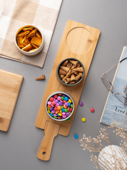4-Piece Ceramic Bowl Set with Wooden Platter – Modern Kitchen Serveware