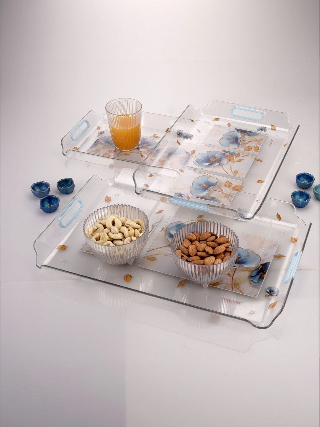 Nayasa Modern Floral Transparent Serving Tray Set of 3 (Small, Medium & Big) – Blue Handle BPA Free Plastic Trays