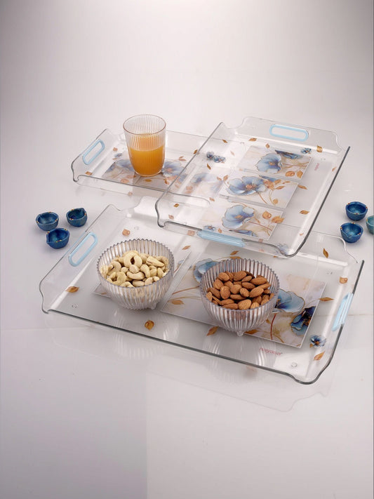 Nayasa Modern Floral Transparent Serving Tray Set of 3 (Small, Medium & Big) – Blue Handle BPA Free Plastic Trays
