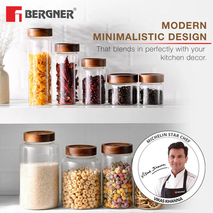 Acadia Borosilicate Glass Storage Jar with Solid Wood Lid | Airtight Multipurpose Kitchen Container | Durable & Food Safe