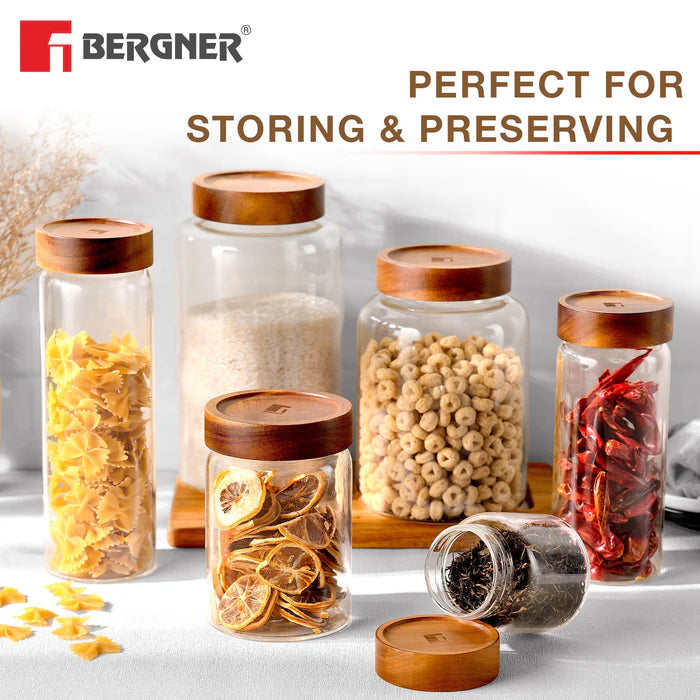 Acadia Borosilicate Glass Storage Jar with Solid Wood Lid | Airtight Multipurpose Kitchen Container | Durable & Food Safe