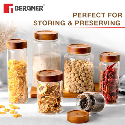 Acadia Borosilicate Glass Storage Jar with Solid Wood Lid | Airtight Multipurpose Kitchen Container | Durable & Food Safe