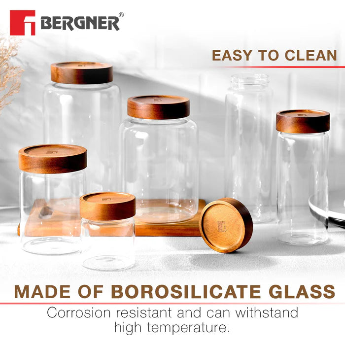 Acadia Borosilicate Glass Storage Jar with Solid Wood Lid | Airtight Multipurpose Kitchen Container | Durable & Food Safe