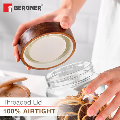 Acadia Borosilicate Glass Storage Jar with Solid Wood Lid | Airtight Multipurpose Kitchen Container | Durable & Food Safe