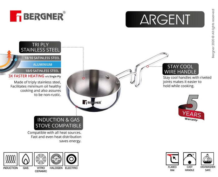 Argent Tri-Ply Stainless Steel Tadka Pan 12 cm (500 ml) | Even Heat Distribution | Induction & Gas Compatible | Durable & Rust-Resistant
