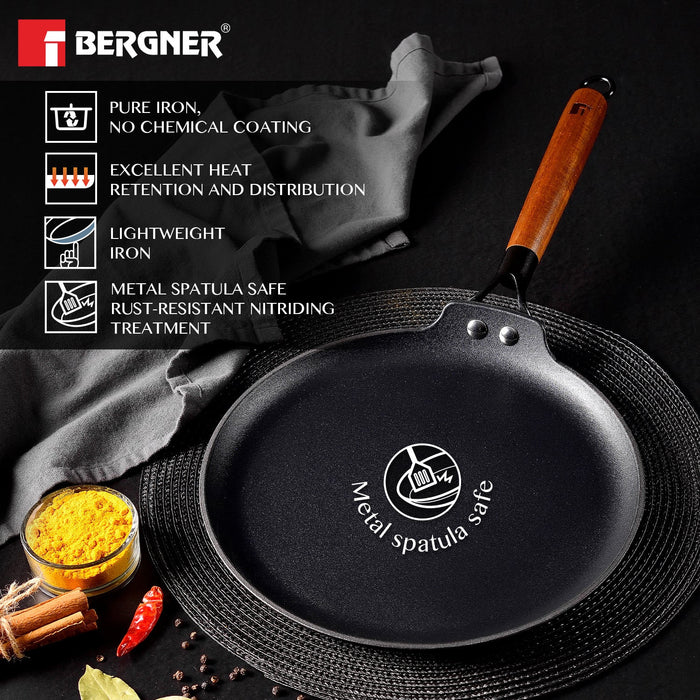 Odin Lightweight Iron Dosa Tawa with Induction Base & Wooden Coated Handle