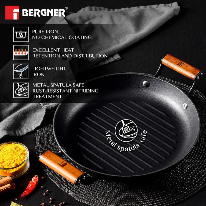 Odin 28 cm Lightweight Iron Grill Plate with Induction Base & Wooden Coated Handle