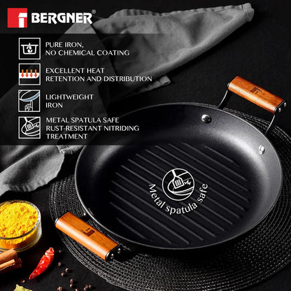 Odin 28 cm Lightweight Iron Grill Plate with Induction Base & Wooden Coated Handle