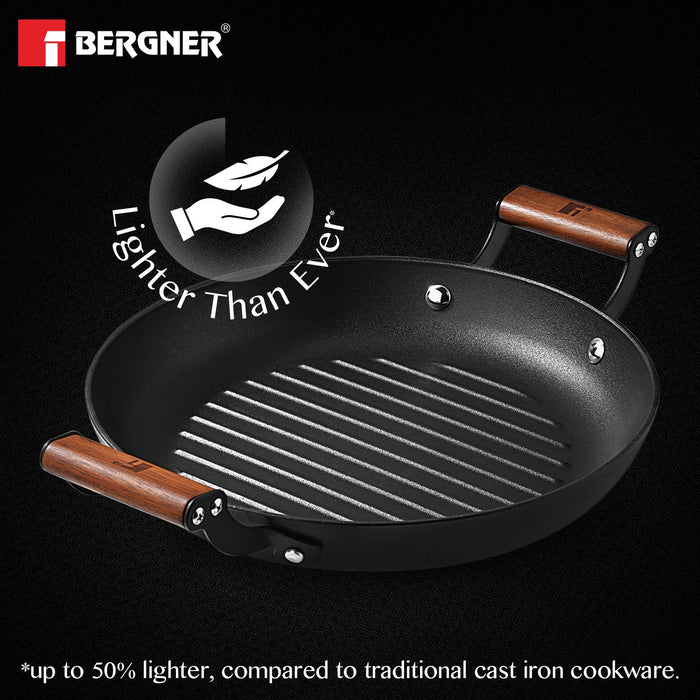 Odin 28 cm Lightweight Iron Grill Plate with Induction Base & Wooden Coated Handle
