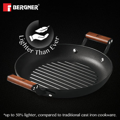 Odin 28 cm Lightweight Iron Grill Plate with Induction Base & Wooden Coated Handle