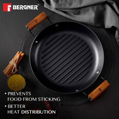 Odin 28 cm Lightweight Iron Grill Plate with Induction Base & Wooden Coated Handle