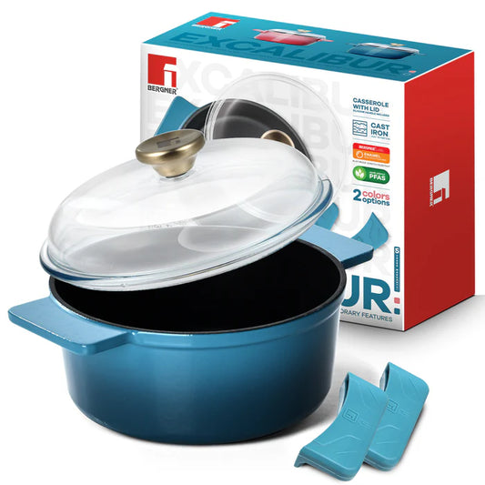 Excalibur Light Cast Iron Casserole with Lid – Blue | Bergner Premium Cookware