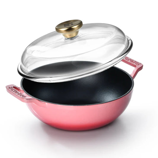 Excalibur Light Cast Iron 24cm (2.5L) Kadai with Lid - Induction Bottom, Pink
