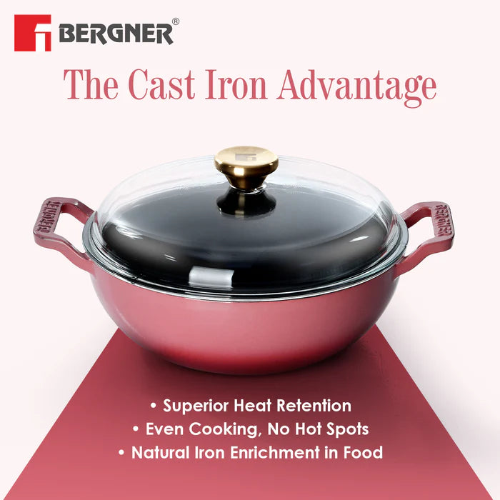 Excalibur Light Cast Iron 24cm (2.5L) Kadai with Lid - Induction Bottom, Pink