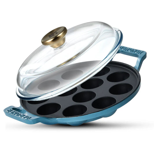 Excalibur Light Cast Iron 22cm Paniyaram Pan with Lid | 12 Pits | Induction & Gas Compatible