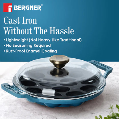 Excalibur Light Cast Iron 22cm Paniyaram Pan with Lid | 12 Pits | Induction & Gas Compatible
