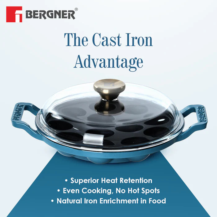 Excalibur Light Cast Iron 22cm Paniyaram Pan with Lid | 12 Pits | Induction & Gas Compatible
