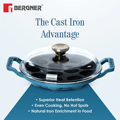 Excalibur Light Cast Iron 22cm Paniyaram Pan with Lid | 12 Pits | Induction & Gas Compatible