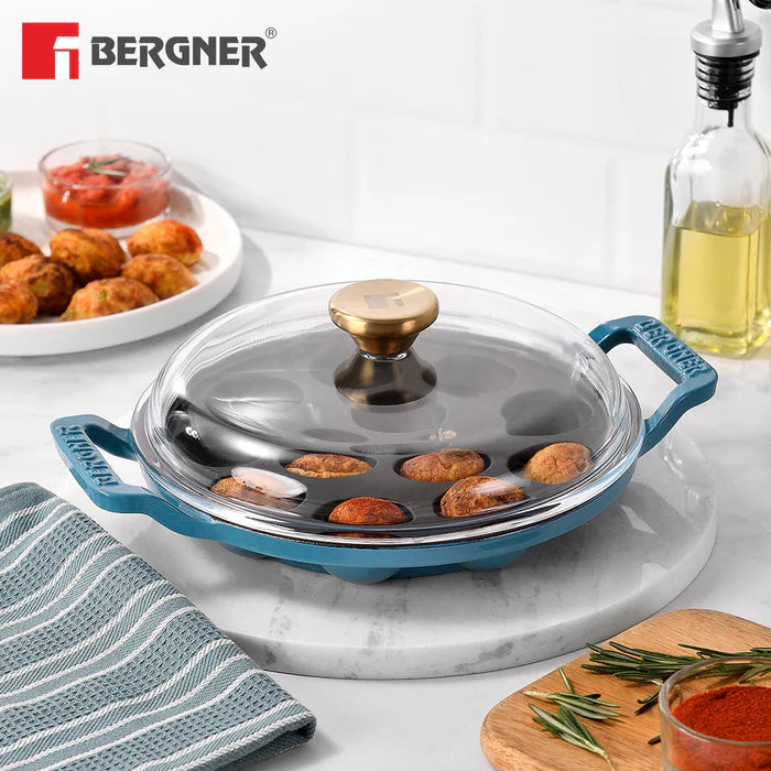 Excalibur Light Cast Iron 22cm Paniyaram Pan with Lid | 12 Pits | Induction & Gas Compatible