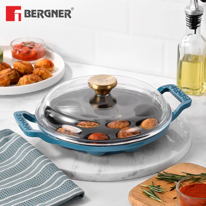 Excalibur Light Cast Iron 22cm Paniyaram Pan with Lid | 12 Pits | Induction & Gas Compatible