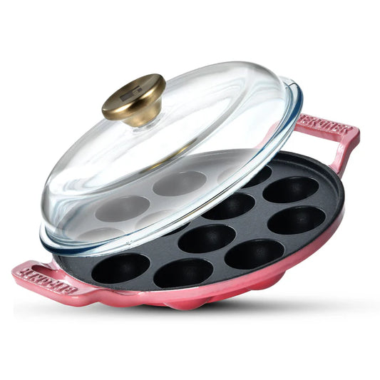 Excalibur Light Cast Iron 22cm Paniyaram Pan with Lid | 12 Pits | Induction & Gas Compatible