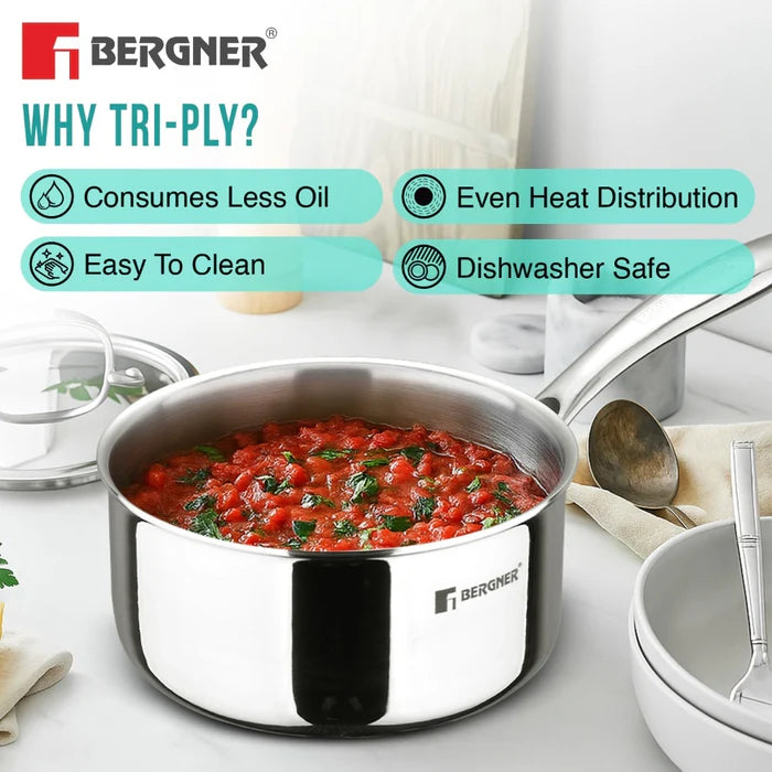 Argent Tri-Ply Stainless Steel Saucepan | Even Heat Distribution | Less Oil Use | Stay-Cool Handle | Induction & Gas Compatible | Healthy Cooking