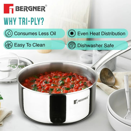 Argent Tri-Ply Stainless Steel Saucepan | Even Heat Distribution | Less Oil Use | Stay-Cool Handle | Induction & Gas Compatible | Healthy Cooking
