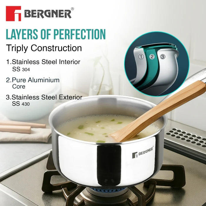 Argent Tri-Ply Stainless Steel Saucepan | Even Heat Distribution | Less Oil Use | Stay-Cool Handle | Induction & Gas Compatible | Healthy Cooking
