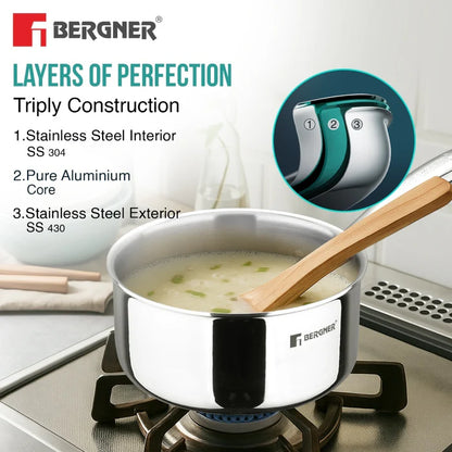 Argent Tri-Ply Stainless Steel Saucepan | Even Heat Distribution | Less Oil Use | Stay-Cool Handle | Induction & Gas Compatible | Healthy Cooking