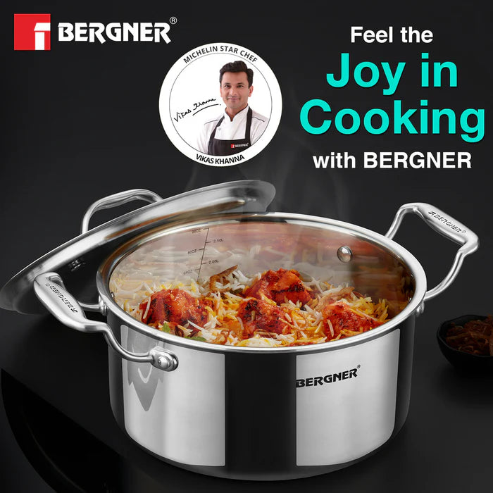 Argent Tri-Ply Stainless Steel Casserole | Even Heat Distribution | Less Oil Use | Durable & Healthy Cooking | Induction & Gas Compatible
