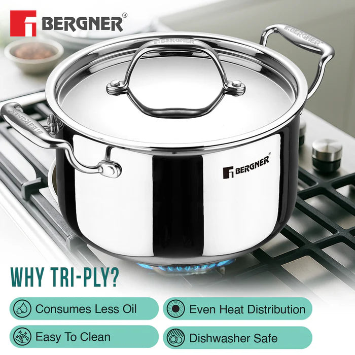 Argent Tri-Ply Stainless Steel Casserole | Even Heat Distribution | Less Oil Use | Durable & Healthy Cooking | Induction & Gas Compatible