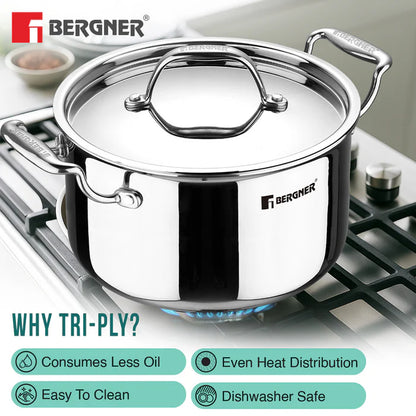 Argent Tri-Ply Stainless Steel Casserole | Even Heat Distribution | Less Oil Use | Durable & Healthy Cooking | Induction & Gas Compatible
