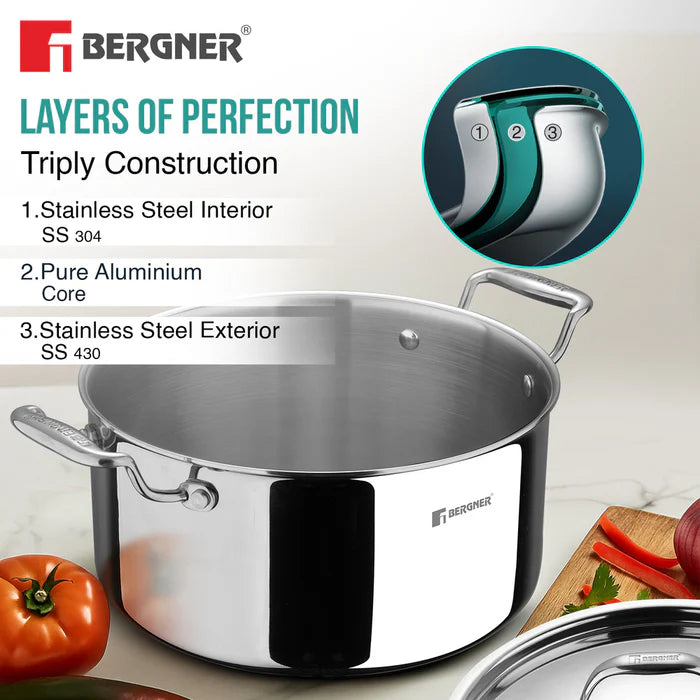Argent Tri-Ply Stainless Steel Casserole | Even Heat Distribution | Less Oil Use | Durable & Healthy Cooking | Induction & Gas Compatible