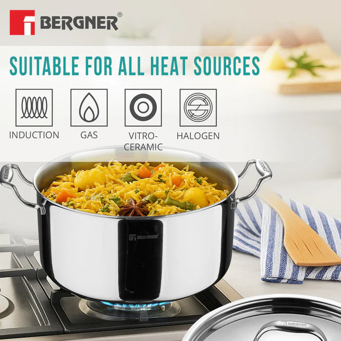 Argent Tri-Ply Stainless Steel Casserole | Even Heat Distribution | Less Oil Use | Durable & Healthy Cooking | Induction & Gas Compatible