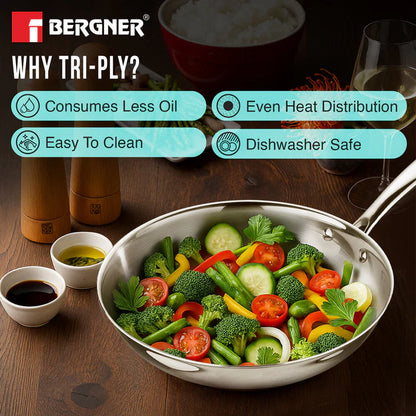 Argent Tri-Ply Stainless Steel Frypan | Even Heat Distribution | Induction Bottom | Less Oil Use | Durable & Healthy Cooking
