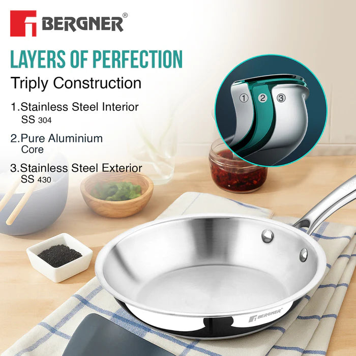 Argent Tri-Ply Stainless Steel Frypan | Even Heat Distribution | Induction Bottom | Less Oil Use | Durable & Healthy Cooking