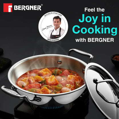 Argent Tri-Ply Stainless Steel Deep Kadai | Even Heat Distribution | Less Oil Use | Induction Bottom | Durable & Healthy Cooking