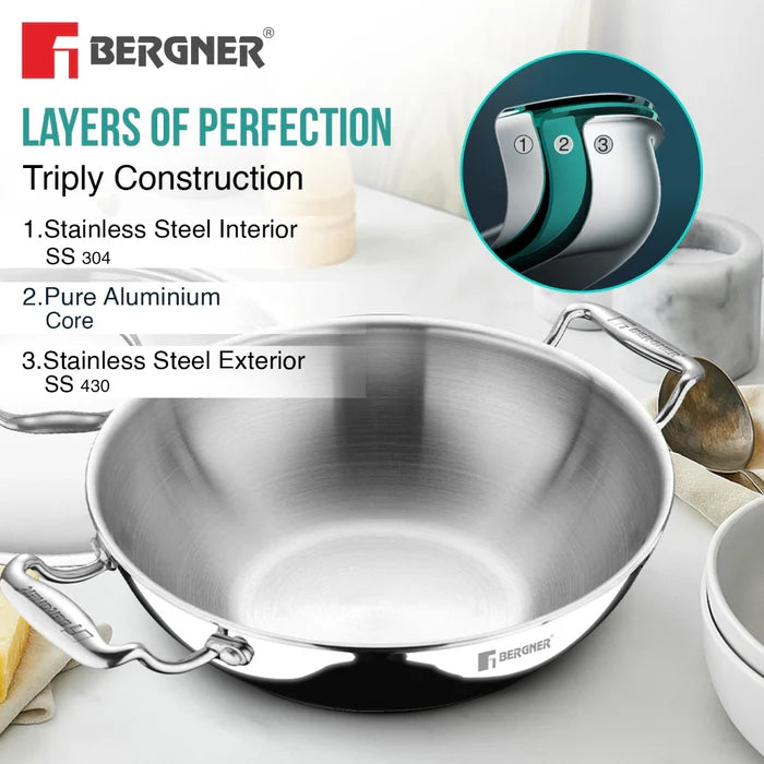 Argent Tri-Ply Stainless Steel Deep Kadai | Even Heat Distribution | Less Oil Use | Induction Bottom | Durable & Healthy Cooking