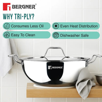 Argent Tri-Ply Stainless Steel Deep Kadai | Even Heat Distribution | Less Oil Use | Induction Bottom | Durable & Healthy Cooking
