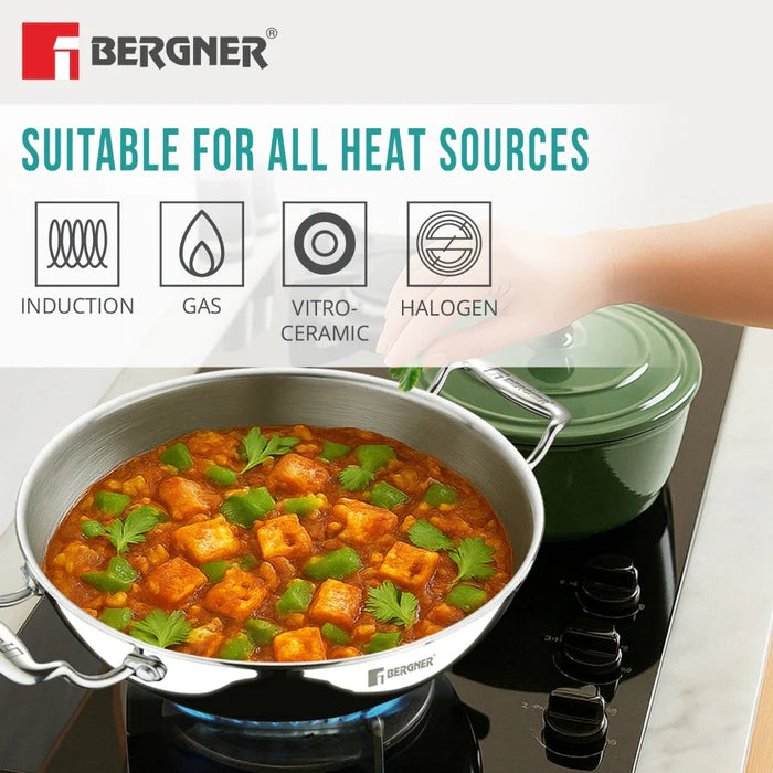 Argent Tri-Ply Stainless Steel Deep Kadai | Even Heat Distribution | Less Oil Use | Induction Bottom | Durable & Healthy Cooking