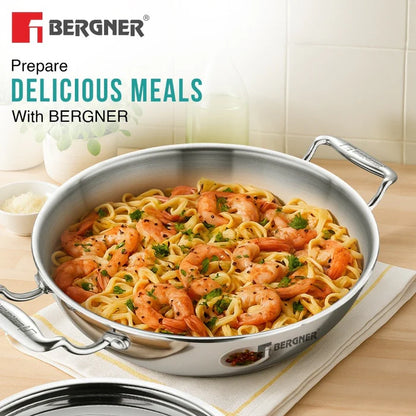 Argent Tri-Ply Stainless Steel Deep Kadai | Even Heat Distribution | Less Oil Use | Induction Bottom | Durable & Healthy Cooking