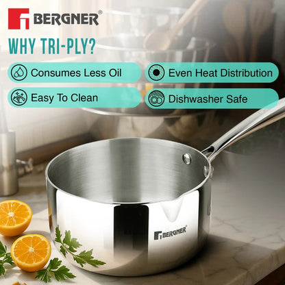 Argent Tri-Ply Stainless Steel Milk Pan / Saucepan | Even Heat Distribution | Less Oil Use | Induction & Gas Compatible | Durable & Healthy Cooking