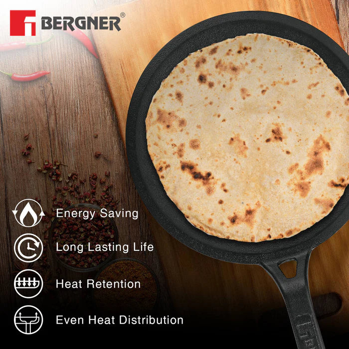 Eco Cast Iron 26 cm Roti Tawa | Pre-Seasoned Flat Tawa | Even Heat Distribution | Gas & Induction Compatible | Silicone Sleeve Included