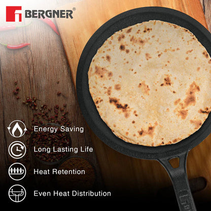 Eco Cast Iron 26 cm Roti Tawa | Pre-Seasoned Flat Tawa | Even Heat Distribution | Gas & Induction Compatible | Silicone Sleeve Included